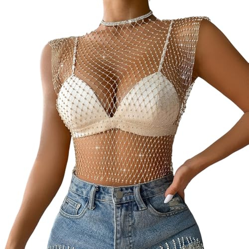 BrightGlow Débardeur en résille transparent pour femme - Top en maille - Strass - Filet de pêche - Haut de bikini - Sexy - Transparent - Pour boîte de nuit