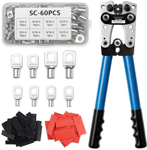 Druuzyl Kit de Alicates Crimpadora 10-1/0 AWG (6-50mm²) - Incluye 60 Terminales de Cobre + 60 Fundas Termorretráctiles - Para Baterías y Electricidad