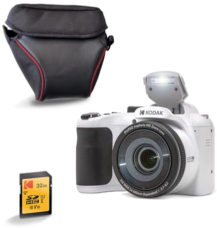 Kodak Pixpro AZ255 - Fotocamera Bridge da 16 MP con zoom ottico 25x + custodia protettiva + scheda SD da 32 GB - video Full HD 1080p, grandangolo 24 mm, stabilizzatore, schermo LCD da 3 - bianco