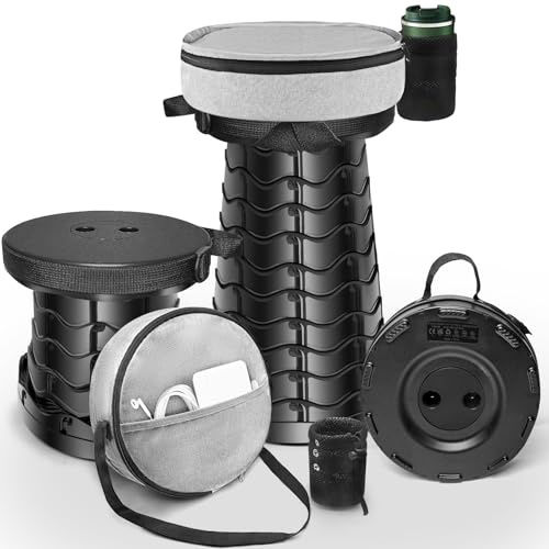 HOVIBU Taburete Plegable Portátil con Cojín y Portavasos, Taburete Telescópico Ligero con Altura Regulable, Carga 485 LB, para Exteriores, Senderismo, Pesca, Barbacoa, Interior, Viajes, Fiestas