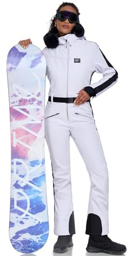 HOTIAN Damen Skianzug Einteiler Skioverall Winter Warme Damen Schneeanzug Wasserdicht Winddicht skibekleidung Schneeoverall Jumpsuit Mit Kapuze White01 M