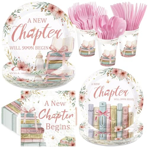 168Pcs A New Chapter Is About to Begin Baby Shower Decoration Storybook Plates Napkins Cups Forks Knives Spoons Pink Book Theme Paper Tableware for Gilrs Newborn Baby Shower Supplies Serves 24