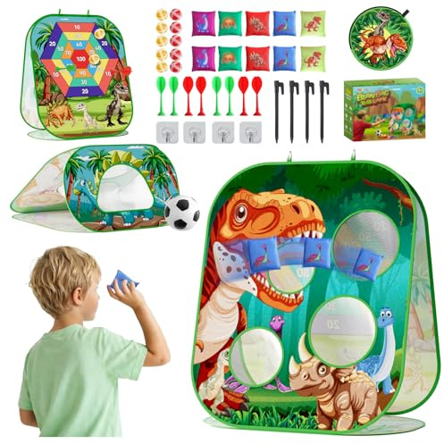 4-in-1 Dinosaur Bean Bag Toss Game for Kids, Cornhole Board Set with Dart Board for Toddler Outdoor Toys, Family Party Game Backyard Beach Lawn Activities Gift for Boys & Girls Ages 3 4 5 6 7 8