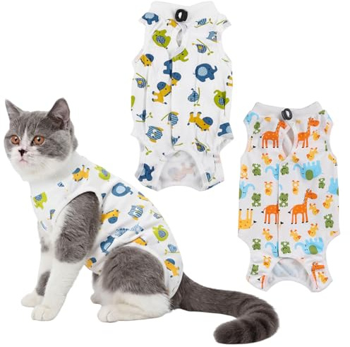 2pcs Cat Recovery Suit （M） – Post Surgery Care Breathable Cotton Cat Onesie Female After Spay – Protective Recovery Bodysuit Alternative to Cone – Adjustable Surgery Suit