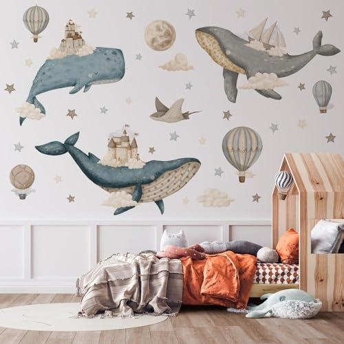 kina - Väggklistermärken för barn Väggdekoration Barnrum i vit PVC - Giftfria klara färger Dagis Baby Shower - Grafik med fantastiska valar - Storlek 130x40 cm - Modell PVB0026