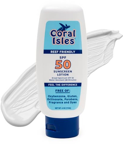 Coral Isles Sunscreen SPF 50 | Hawaii Reef-Safe Act Compliant | Octinoxate & Oxybenzone Free | Broad Spectrum UVA/UVB Protection | Water Resistant 80 Min. | Fragrance Free | 6 Fl Oz Lotion