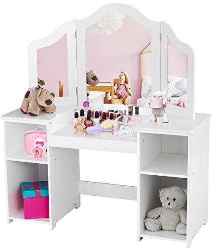GYMAX Kids Dressing Table and Chair Set, 2 in 1 Children Vanity Table with Tri-Folding Mirror and Storage Shelf, Wooden Girls Make-up Dresser for Bedroom (White, Without Chair)
