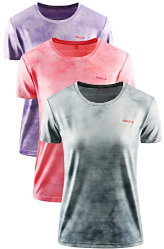 Damer sport T-shirt 3-pack funktionsskjorta löptröja fitness tröja träningströja dam kläder träningskläder kort ärm rund hals andas snabbtorkande för löpning träning gym, Grå+röd + violett, S