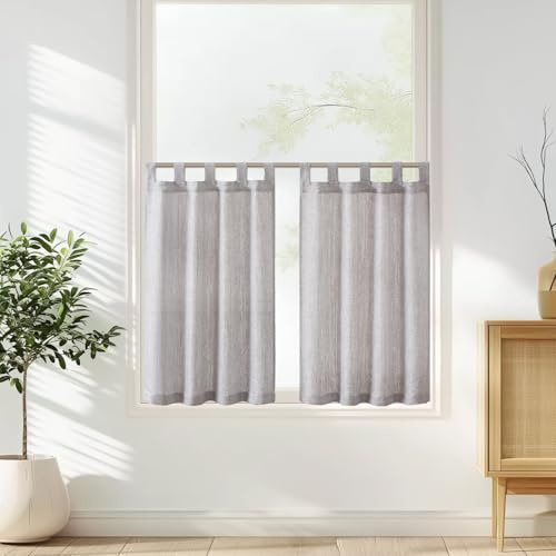 Vangao Fönstergardiner moderna kök ljusgrå bistrogardin set om 2 70 B x 90 H cm med slingor, gardiner, kort, halvtransparenta linneutseende, köksgardiner för små fönster, husbil, köksfönster