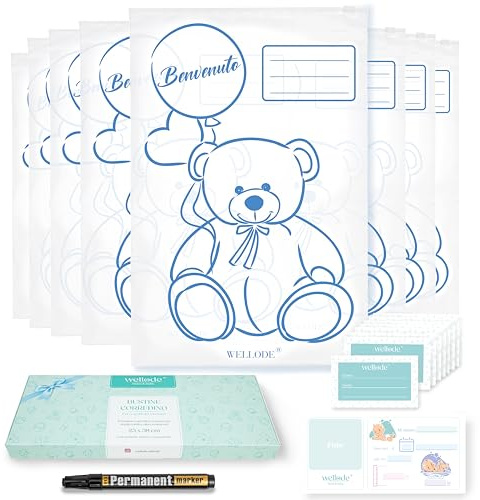 Wellode® 8 Bustine Corredino Neonato Ospedale Teddy Bear con Pennarello - Sacchetti Cambio Neonato Riutilizzabili per Asilo e Viaggi - Idea Regalo Nascita Baby Shower e Lista Nascita Bebè