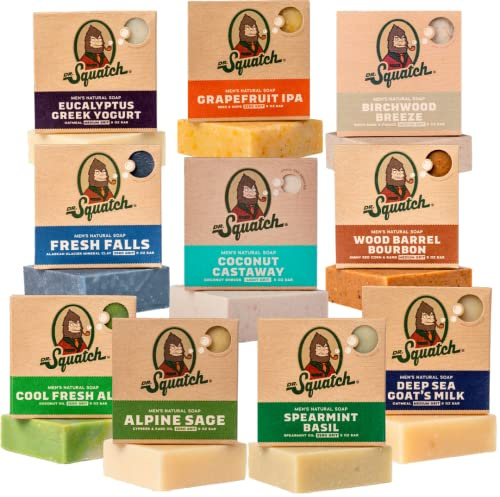 Dr. Squatch Men's Soap Bar Gift Set (10 Bars) – Alpine Sage, Birchwood Breeze, Coconut Castaway, Cool Fresh Aloe, Eucalyptus Greek Yogurt, Fresh Falls, Gold Moss, Spearmint Basil, Wood Barrel Bourbon