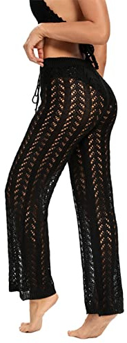 Donne Beach Cover Up Pantaloni Crochet Net Maglia Hollow Out Cover Up Pantaloni Da Spiaggia Costume Da Bagno Bikini Costumi Da Bagno Pantaloni, Nero-d, M