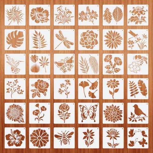 EXCEART Reusable Flower Bird Bee Stencils for Painting Crafts Drawing Templates for Wall Decor DIY Projects 4.95X5 Inch