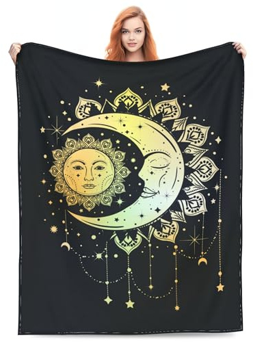 VODRM Coperta in stile vintage bohémien, con sole e luna, regalo per adulti, per letto, soggiorno, biancheria da letto, divano, morbida, leggera, calda, accogliente, bohémien, retrò, decorativa, 101,6