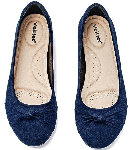 Veittes Chaussures Plates Larges pour Femmes - Chaussures de Ballet à la Mode avec nœud et Bout Rond pour Femmes.(2109004-2310,BL/MF,UK40.5 Wide)