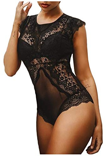 Body Femme Sexy Chic Dentelle ete Bodysuit Sexy Femme érotique Transparent Club libertin Lingerie Sexy Femme Coquine Hot Justaucorps Nuisette Grande Taille Babydoll Teddy (Black, XXXL)