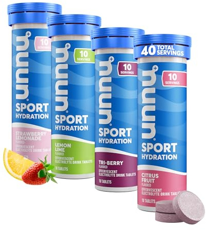 Nuun Sport Electrolyte Tablets - Dissolvable in Water, Mixed Flavors | 5 Essential Electrolytes for Hydration | 1g Sugar Drink Mix | Vegan, Non-GMO | 4 Pack (40 Total Servings)