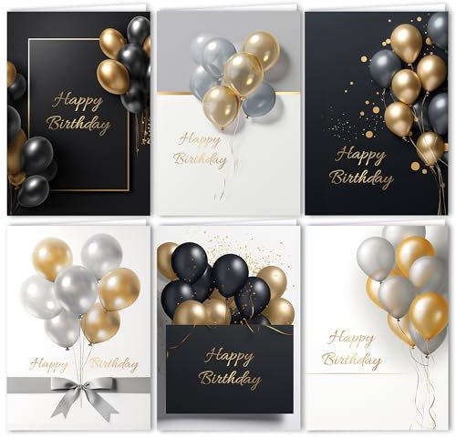 12er Geburtstagskarten Set mit Umschlägen Glückwunschkarten Geburtstagskarten Klappkarten mit Umschlag Luftballon Weiß Schwarz Gold Happy Birthday für Erwachsene Mann Frau