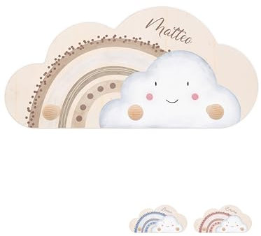 wunderwunsch® - Personalisierte Garderobe Kinder mit Spezial-Druck (inkl. 4 Haken)- Kinderzimmer Deko, Taufe Geschenk, Kindergeschenke, Geburt Geschenk (Wolke beige)