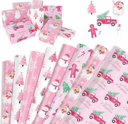 DPKOW Papier Cadeau de Noël Rose, 12 Feuilles Papier d'Emballage Cadeau de Noël, Papier Cadeau de Arbre de Noël Père Noël Bonhomme de Neige Flocon, Noël Anniversaire Papier Cadeau Recyclable, 70*50cm