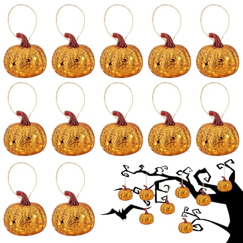 Leikedun 12PCS Mini Glittery Pumpkin Baubles for Halloween Tree - Party Decoration Hanging Ornaments for Indoor Outdoor Decor