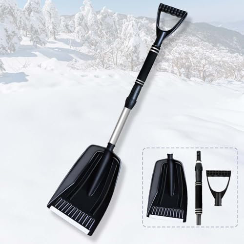 Qcdou Schneeschaufel, Winter Schneeschieber, Schneeschaufel mit ergonomischem Griff, Tragbare schwarz Schneeräumer, Aluminiumkante Schneeschippe, Aluminium-Stiel, All-in-One Spaten im Winter perfekt
