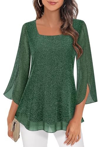 Syphiby Womens Blouses Ruffle 3/4 Sleeve Tunic Tops Loose Flowy Square Neck Chiffon Top Double Layers Mesh Shirts M-3XL
