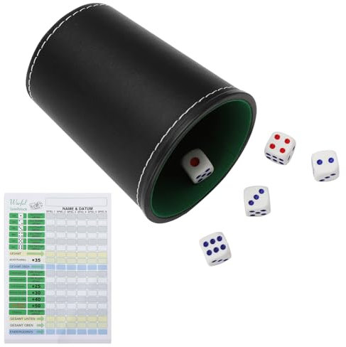 VOSSOT Schocken Set, Würfelbecher Leder mit 5 Würfeln, Schockbesteck, Schockbesteck Set, Knobelbecher Leder, Kniffelbecher, Leder Würfelbecher, PU Leder Würfelbecher mit Würfeln Set