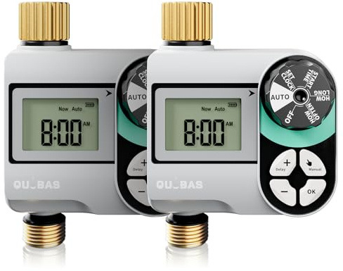 [2-pack] QUOBAS digital vattentimer, programmerbar sprinklerstyrenhet, stor LCD-skärm, auto/manuell/fördröjningslägen, för trädgårdsslangbevattning och droppbevattningssystem