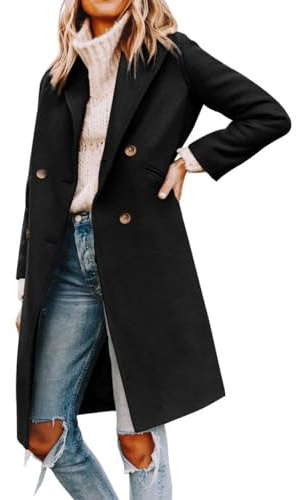 Cicy Bell Womens Notched Lapel Collar Double Breasted Pea Coat Winter Wool Blend Over Coats Long Jackets,black,M