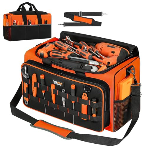 TUFFWORX Große Werkzeugtasche mit mehreren Fächern, 50 x 27 x 30 cm, robuste Elektriker-Werkzeugtasche mit verstellbarem Schultergurt, multifunktionaler Werkzeugaufbewahrungsorganizer, Orange/Schwarz
