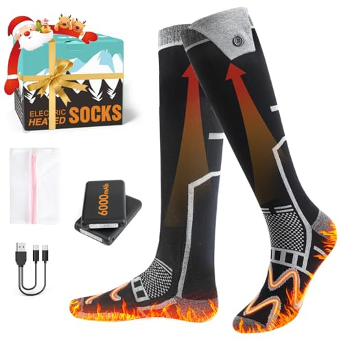 Calcetines calefactables hasta 65 °C Calcetines de esquí Batería Recargable 5 V 6000mAh Calentadores de pies para Invierno Calcetines térmicos para Caza, Acampada, Senderismo, esquí, Ciclismo