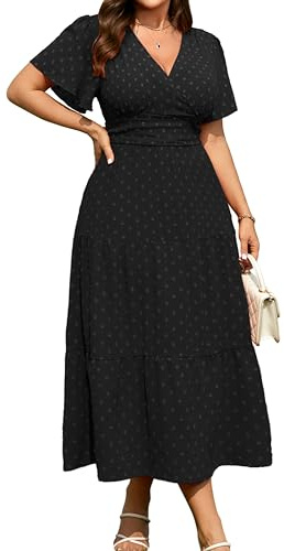 RWJ Women's Plus Size Wrap V Neck Dress Summer Short Sleeve Swiss Dot Empire Waist Casual Holiday Wedding Maxi Dresses Cocktail Boho Black XX-Large