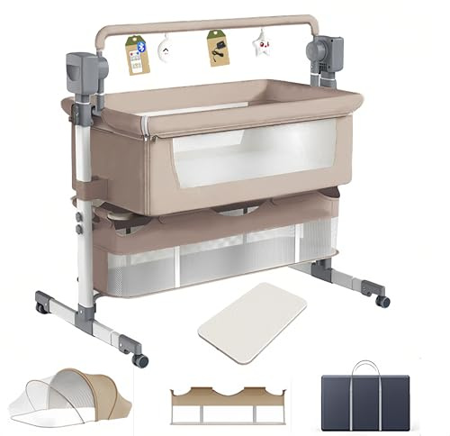 Aveainelle Electric Bluetooth Smart Baby Bedside Crib with Music, Foldable and Convertible Baby Cradle, Adjustable Infant Bassinet, Co-sleeping Infant cot with Remote (Beige)