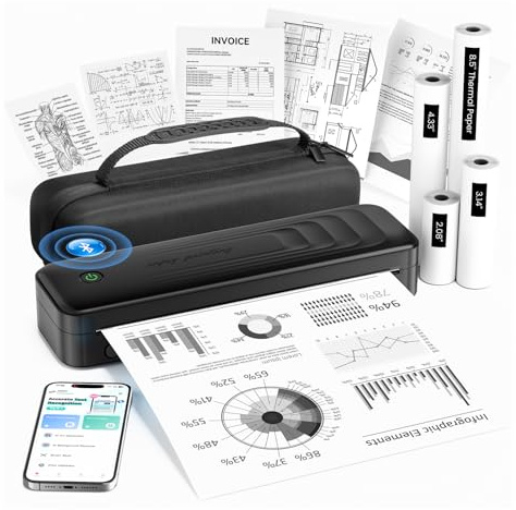 TATTMUSE Inkless Portable Printer for Travel, Wireless Thermal Printer Support 8.5 X 11 Letter & A4 Thermal Paper, Small Mobile Compact Printer with Carry Case & 4 Rolls Thermal Paper