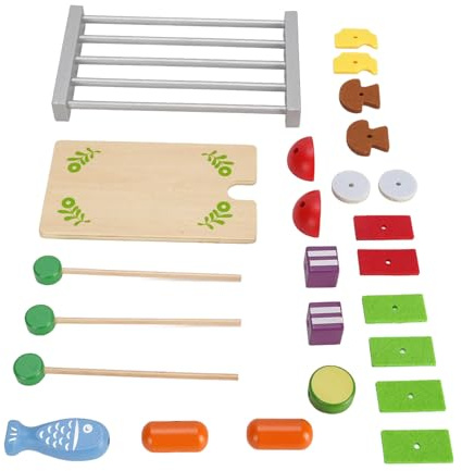 Fabater Kids Wooden BBQ Grill Playset, Safe Wood Construction For Ages 3+ Wooden Barbecue Play Food Set, Pretend Barbecue Grill Play Set with 25 Accessories For Family Playtime