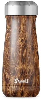 S'well Traveler Drinks Bottle, Teakwood, 470ml. Vacuum-Insulated Travel Bottle Keeps Drinks Cold and Hot - BPA-Free Stainless Steel Water Bottle