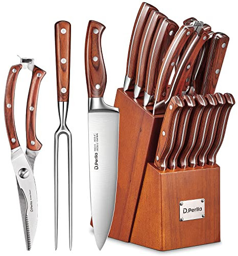 D.Perlla Messerblock Set, 16-TLG Messer mit Holzgriff, Edelstahl Kochmesser Set mit Holzblock Profi Küchenmesserset mit Wetzstahl,Braun, Geschenke zum Muttertag