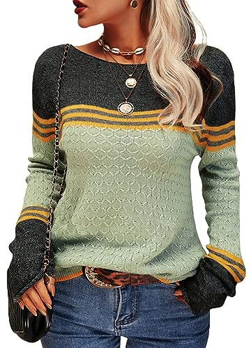 Tankaneo Maglione da Donna a Blocchi di Colore, a Maniche Lunghe, Girocollo, a Righe, Slim Fit, Verde Chiaro, XL