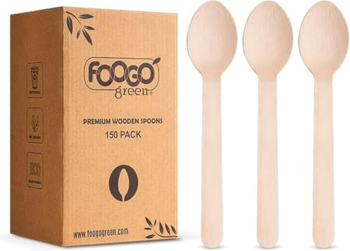 FOOGO Green 150pcs Disposable Wooden Spoons, 16cm | FSC® Certified, Biodegradable Compostable, Eco Friendly Cutlery Set, Wedding Picnic Party Camping Catering, Like Bamboo