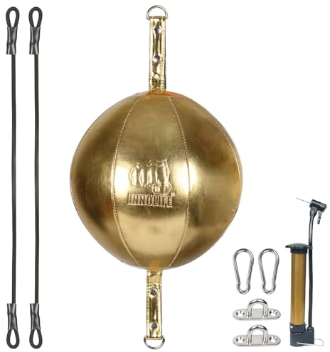 InnoLife Double End Punching Ball Striking Punching Bag Kit, Speed Striking Reflex Kit with Bungee Cords Perfect for Reaction, Agility, and Hand Eye Coordination Training (Gold)