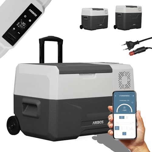 Arebos kompressorkylbox med hjul 27 liter | Elektrisk frysbox med APP-kontroll för kylning, frysning och varmhållning | Kyl ned till -20 °C | Kylbox för bil, 12/24 V 230V | Antracit