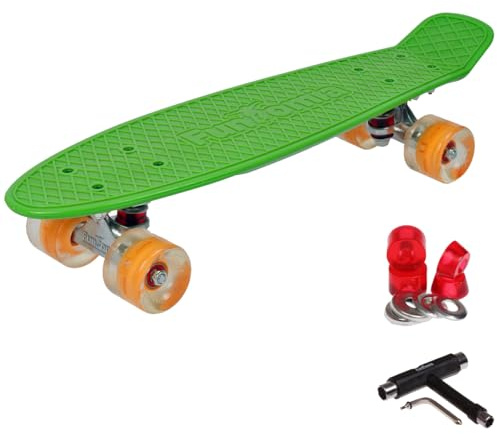 FunTomia 57cm Mini-Cruiser Board Skateboard mit oder ohne LED Leuchtrollen inkl. Aluminium Truck, ABEC-9 Kugellager und T-Tool (Grün mit orange LED Rollen)