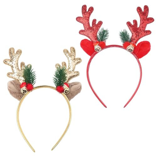 2 Stück Weihnachten Geweih Haarreif, Geweih-Stirnband mit Glöckchen, Rentier Geweih Stirnband, Glitzer Weihnachten Haarreif, Weihnachts Kopfschmuck Damen, Weihnachts-Stirnbänder, Weihnachts Party