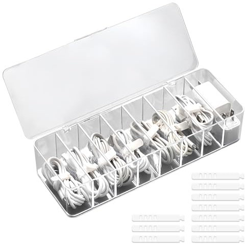 Transparent Boite Cable Rangement, Rangement Chargeur avec 8 Compartiments et 10 Serre-Câbles, Transparent Boîte de Gestion des Câbles, Organisateur de Cable pour Comptoir en Plastique Translucide