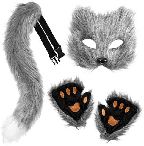 XEPST Conjunto de Disfraces de Zorro Lobo Animal, Fox Faux Fur Cola y Patas de Zorro con Máscara de Zorro para Disfraz de Animal Cosplay Cumpleaños Fiesta de Disfraces de Halloween,Gris