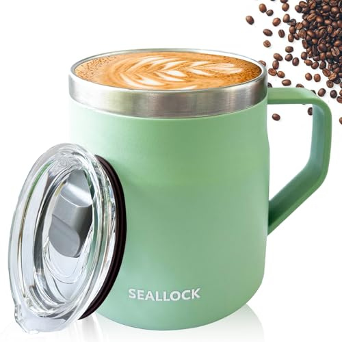 Luoqun88 Coffee Cup, Insulated Stainless Steel Desk Cup, Coffee Mug with Lid & Handle, Chillys Mug- Keeps Cold/Hot for Hours, Reusable Coffee Cup Ideal Present for His Her(Light Green)
