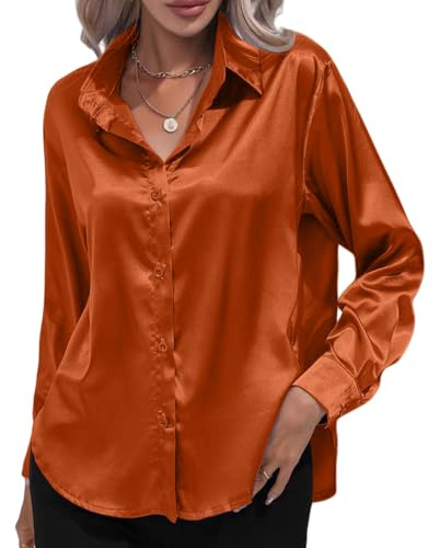 Camisas de seda satinada con botones para mujer, blusa de manga larga con cuello, camisas suaves y elegantes, casuales, para negocios, oficina, trabajo, túnica elegante, naranja, M