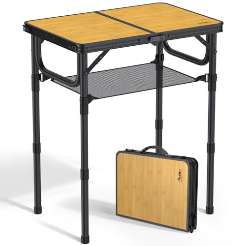 Anbte Mesa Camping Plegable 58x40x26/48/70cm Ajustable Altura Mesas de Acampada Portátil Mesa Playa Aluminio Impermeable Negro para Terraza Playa Exterior BBQ Color Raya de Bambú Negro