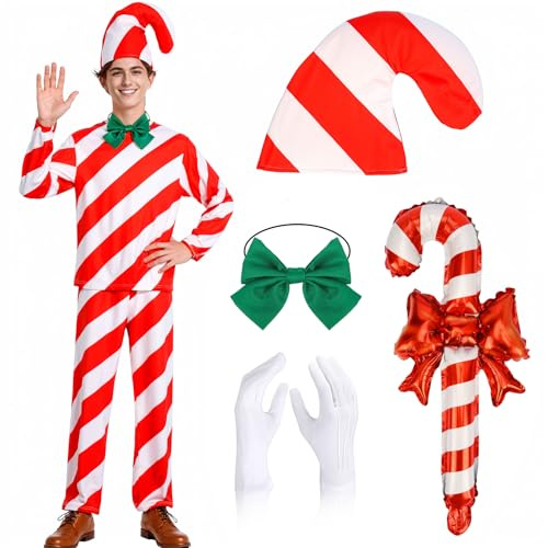 UxClishe Candy Cane Costume Adult, 6 Pcs Christmas Fancy Dress with Hat Shirt Pants Bow Tie Gloves Cane Balloon Festive Xmas Outfit for Men Women Party Attire Holiday Cosplay World Book Day Carnival